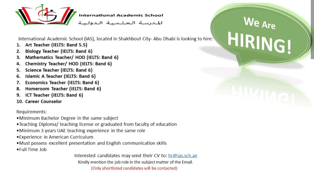 International Academic School (IAS), located in Shakhbout City Abu Dhabi is looking to hire: International Academic School (IAS), located in Shakhbout City Abu Dhabi is looking to hire: