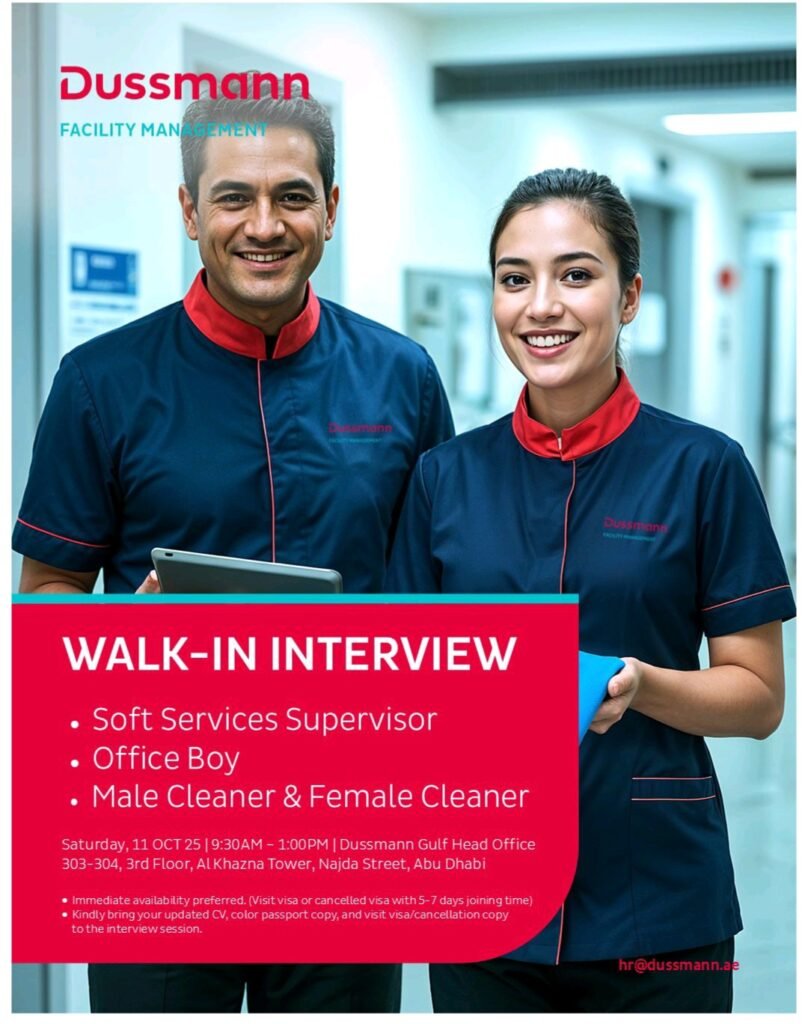 walk in interview Abu Dhabi, Dussmann Gulf careers, facilities management jobs, soft services supervisor, office boy job Abu Dhabi, cleaner jobs in Abu Dhabi, immediate hiring Abu Dhabi, visit visa jobs, cancelled visa jobs, Najda Street jobs, Al Khazna Tower, walk in interview October 2025, Dussmann Gulf hiring, male female cleaner jobs, Abu Dhabi vacancies