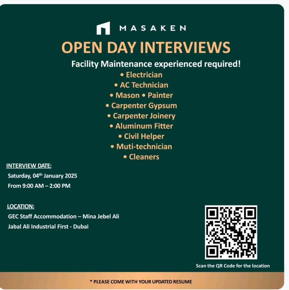 Masaken Facility Management Services Open Day Recruitment in Dubai 2025