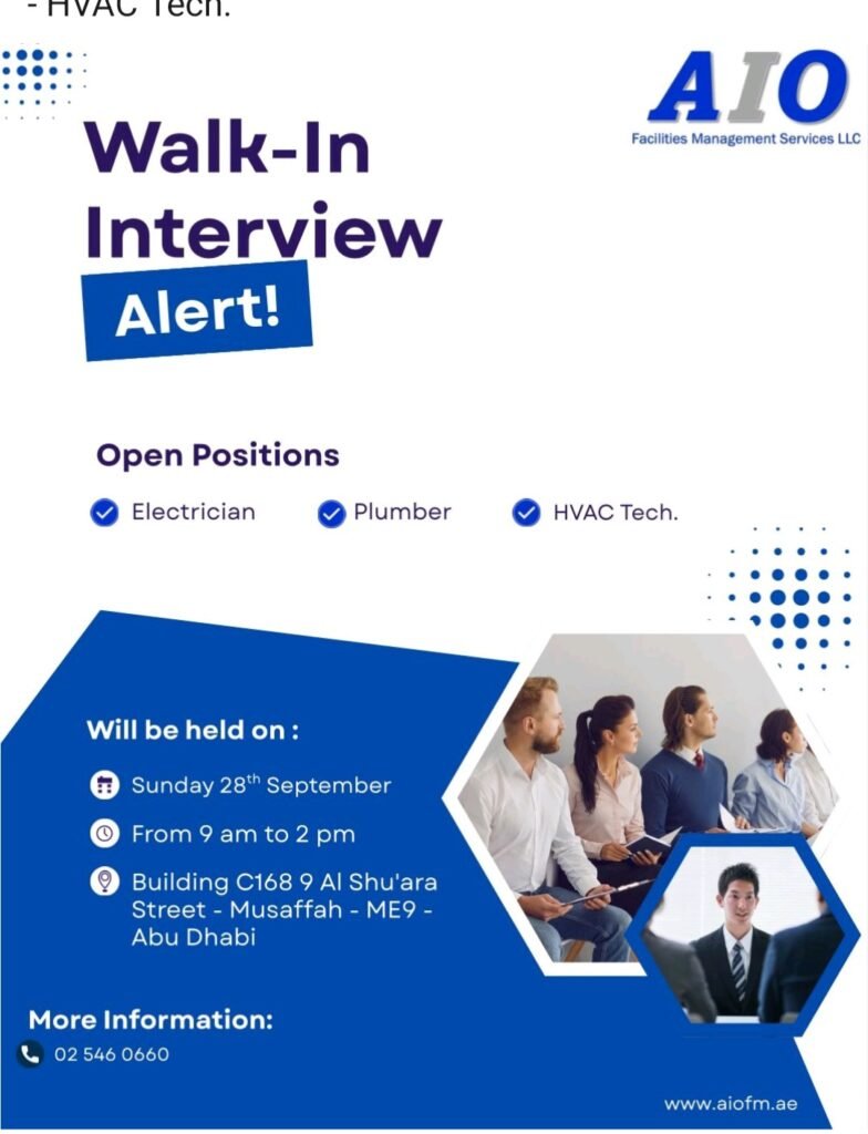 AIO FM is Hiring in Abu Dhabi: Electrician, Plumber, and HVAC Technician Roles 1 AIO FM is Hiring in Abu Dhabi: Electrician, Plumber, and HVAC Technician Roles