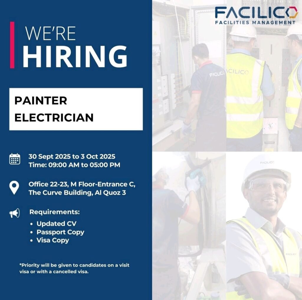 Facilico is Hiring in Dubai: Walk-in Interviews for Electricians and Painters in Dubai – September 2025 1 Facilico is Hiring in Dubai: Walk-in Interviews for Electricians and Painters in Dubai – September 2025