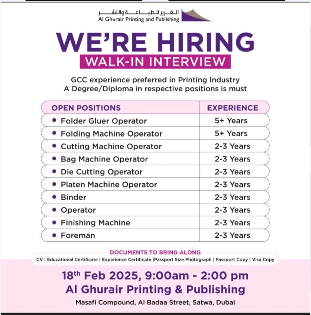 AG Printing Walk in Interview in Dubai 2025: Dates, Venues, and Key Details