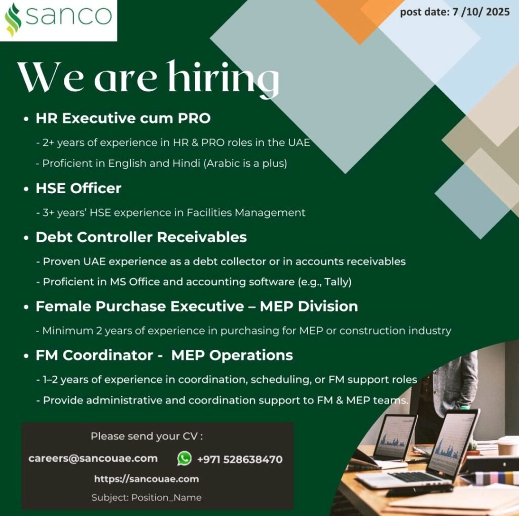Join Sanco Electromechanical LLC: We Are Hiring for Multiple MEP and HVAC Roles in the UAE