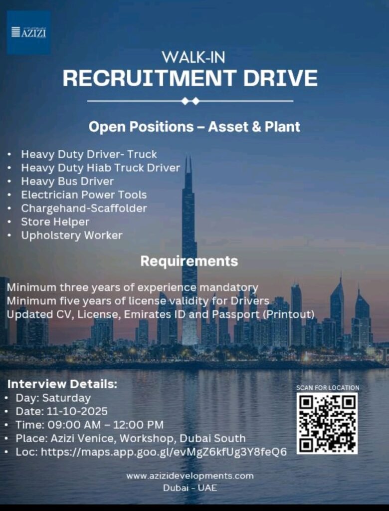 Your Chance to Build a Career with Azizi Developments: Walk-In Interviews Announced 1 walk in interview Dubai, Azizi recruitment, jobs in Dubai South, driver jobs Dubai, technician jobs UAE, auto electrician vacancy, heavy bus driver jobs, AC technician career, walk in drive October 2025, Dubai workshop jobs, luxury fleet jobs, Azizi Developments careers, plant and asset jobs.