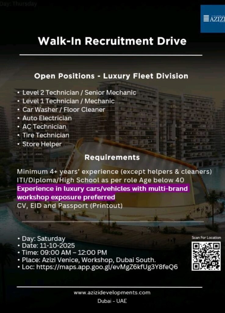 Your Chance to Build a Career with Azizi Developments: Walk-In Interviews Announced 2 walk in interview Dubai, Azizi recruitment, jobs in Dubai South, driver jobs Dubai, technician jobs UAE, auto electrician vacancy, heavy bus driver jobs, AC technician career, walk in drive October 2025, Dubai workshop jobs, luxury fleet jobs, Azizi Developments careers, plant and asset jobs.