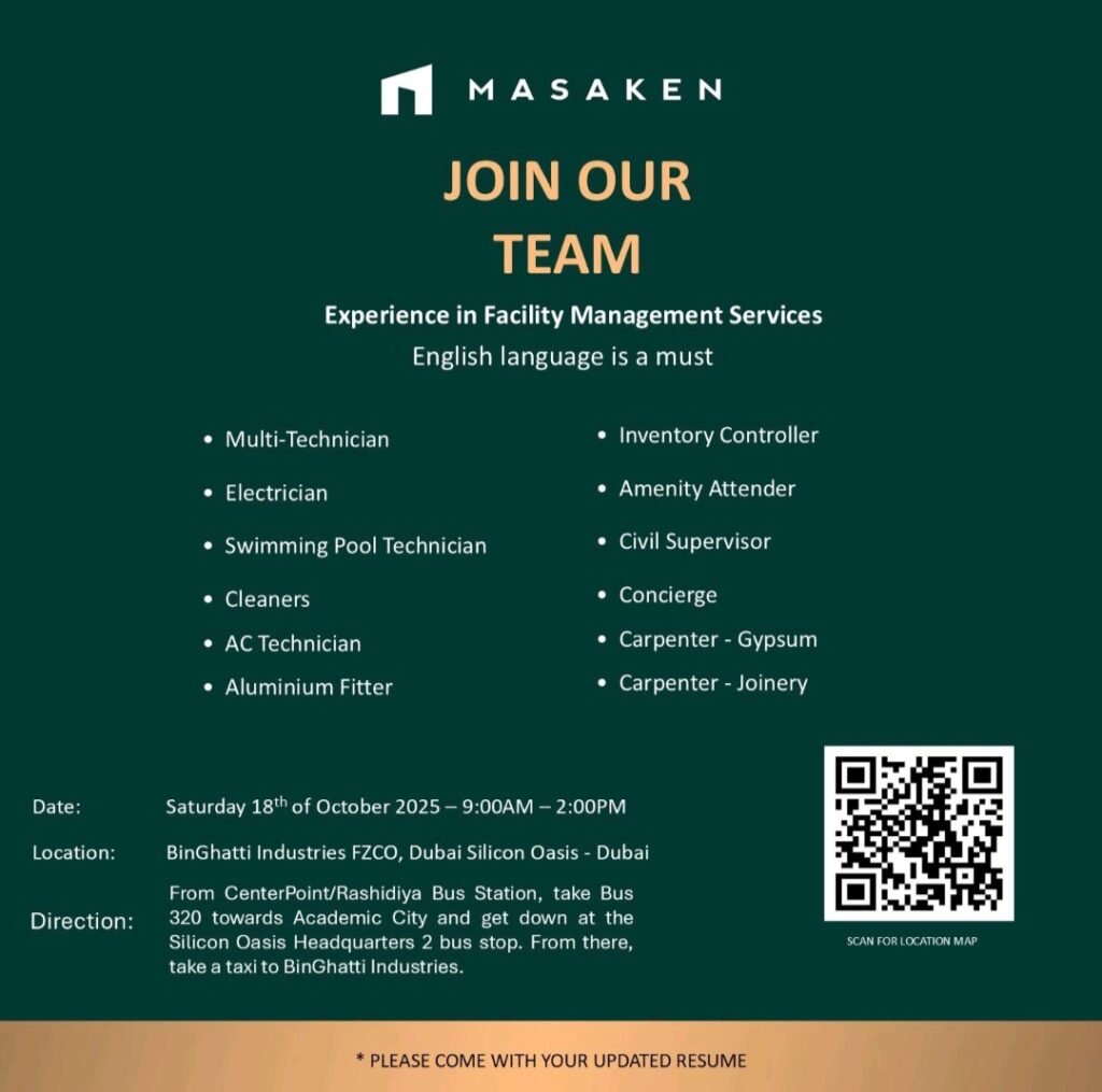 Masaken Open Day Recruitment in Dubai 2025: Dates, Venues, and Key Details