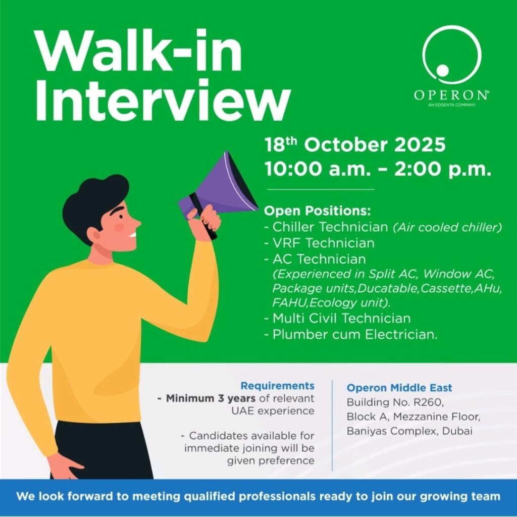 Your Chance to Shine: Operon Middle East Hosts Walk-in Interviews for Technicians in Dubai 1 Your Chance to Shine: Operon Middle East Hosts Walk-in Interviews for Technicians in Dubai