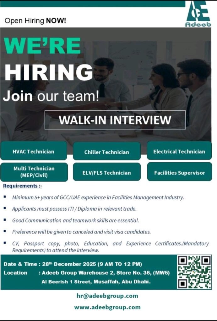 Adeeb Group Announces Immediate Job Openings: Walk-In Interviews on December 28, 2025