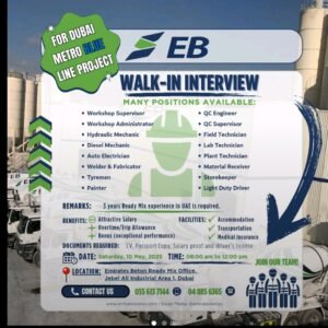 Emirates Beton Ready Mix walk in interview 2025: Dates, Venues, and Key Details