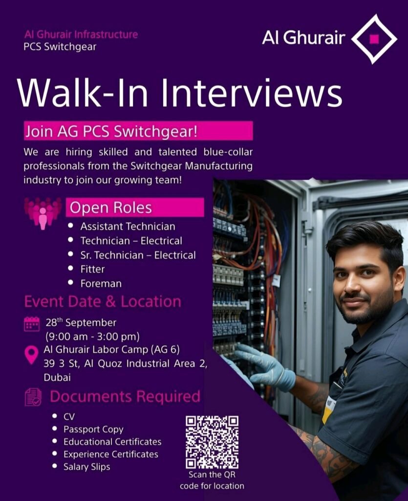 walk in interviews Dubai, electrical technician jobs UAE, switchgear manufacturing jobs, AI Ghurair careers, blue collar jobs Dubai, technician vacancies UAE, foreman job Dubai, fitter job Al Quoz, PCS Switchgear hiring, senior technician electrical, assistant technician job, UAE jobs September 2024, direct company hiring Dubai, skilled labour jobs UAE