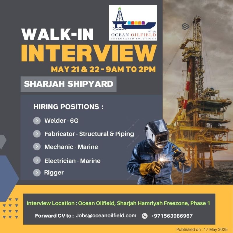 Ocean Oilfield Walk in Interview in Sharjah 2025: Dates, Venues, and Key Details