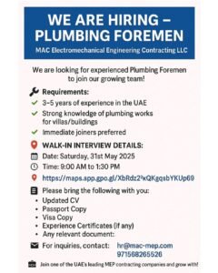 MAC Electromechanical Engineering LLC careers in Dubai 2025: Dates, Venues, and Key Details 1 MAC Electromechanical Engineering LLC careers in Dubai 2025: Dates, Venues, and Key Details