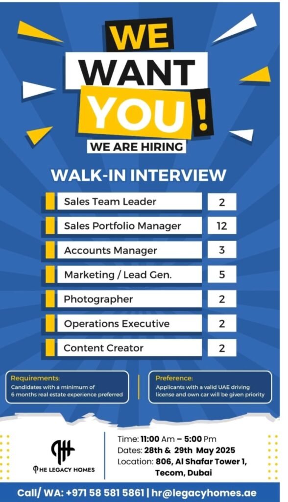 The Legacy Homes Walk in Interview in Dubai 2025: Dates, Venues, and Key Details