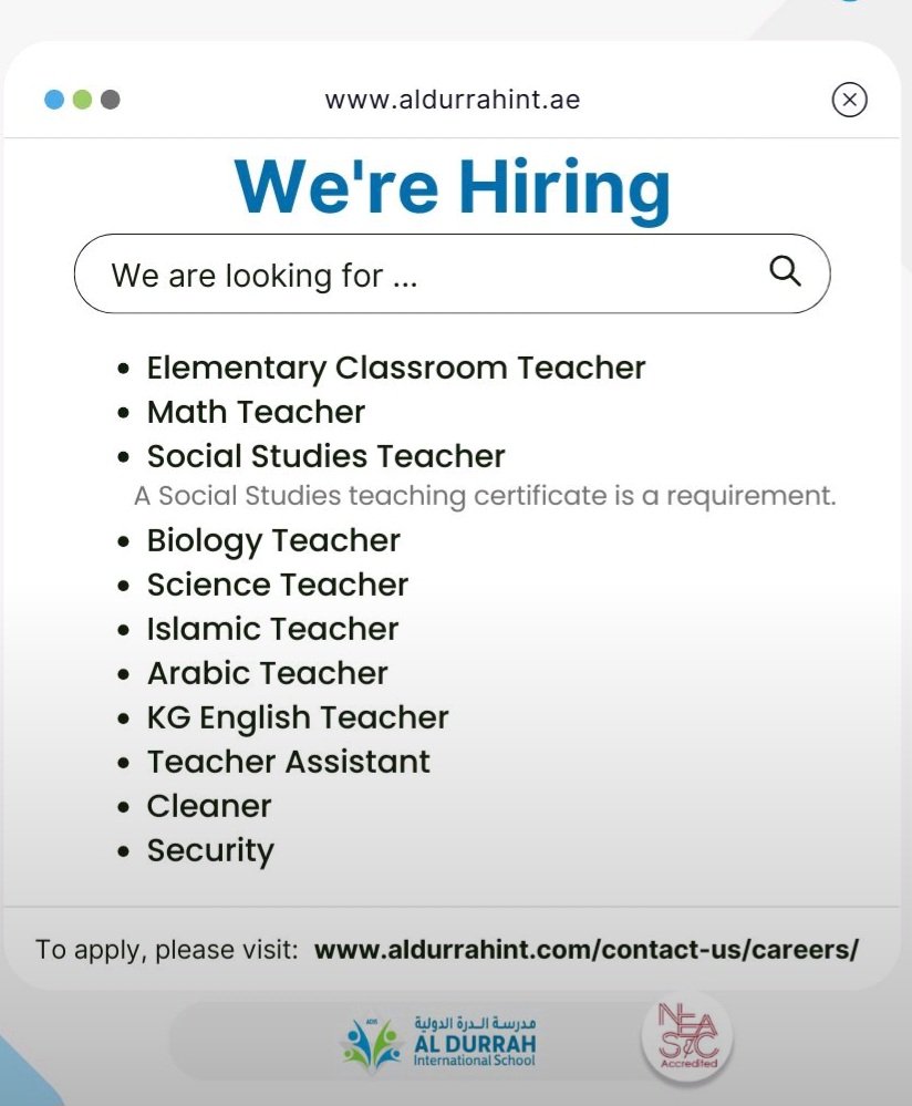 Al Durrah International School Sharjah Recruitment 2025: Dates, Venues, and Key Details