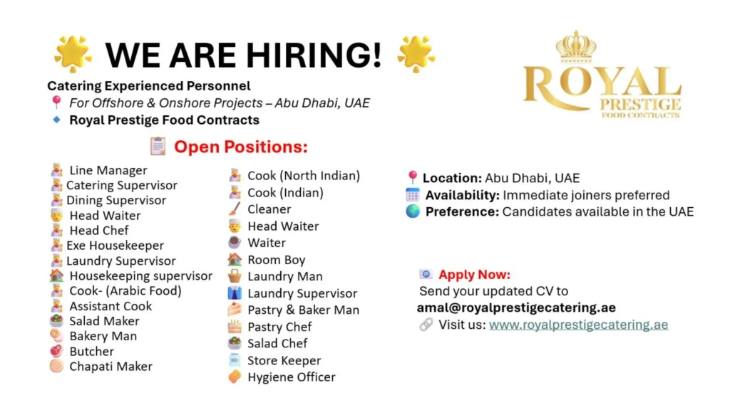 Unlock Your Career in Luxury Catering: Royal Prestige Abu Dhabi Urgently Hiring! 1 Unlock Your Career in Luxury Catering: Royal Prestige Abu Dhabi Urgently Hiring!