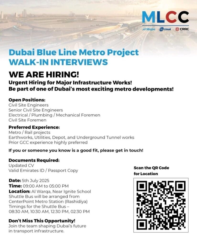 MLCC Dubai Blue Line Metro Project Walk in Interview 2025: Dates, Venues, and Key Details 1 Dubai Blue Line Metro Project Walk in Interview 2025: Dates, Venues, and Key Details