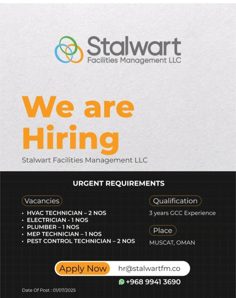 Unlock Your Career in Oman: Stalwart Facilities Management Urgently Hiring Skilled Technicians! 1 Stalwart Facilities Management