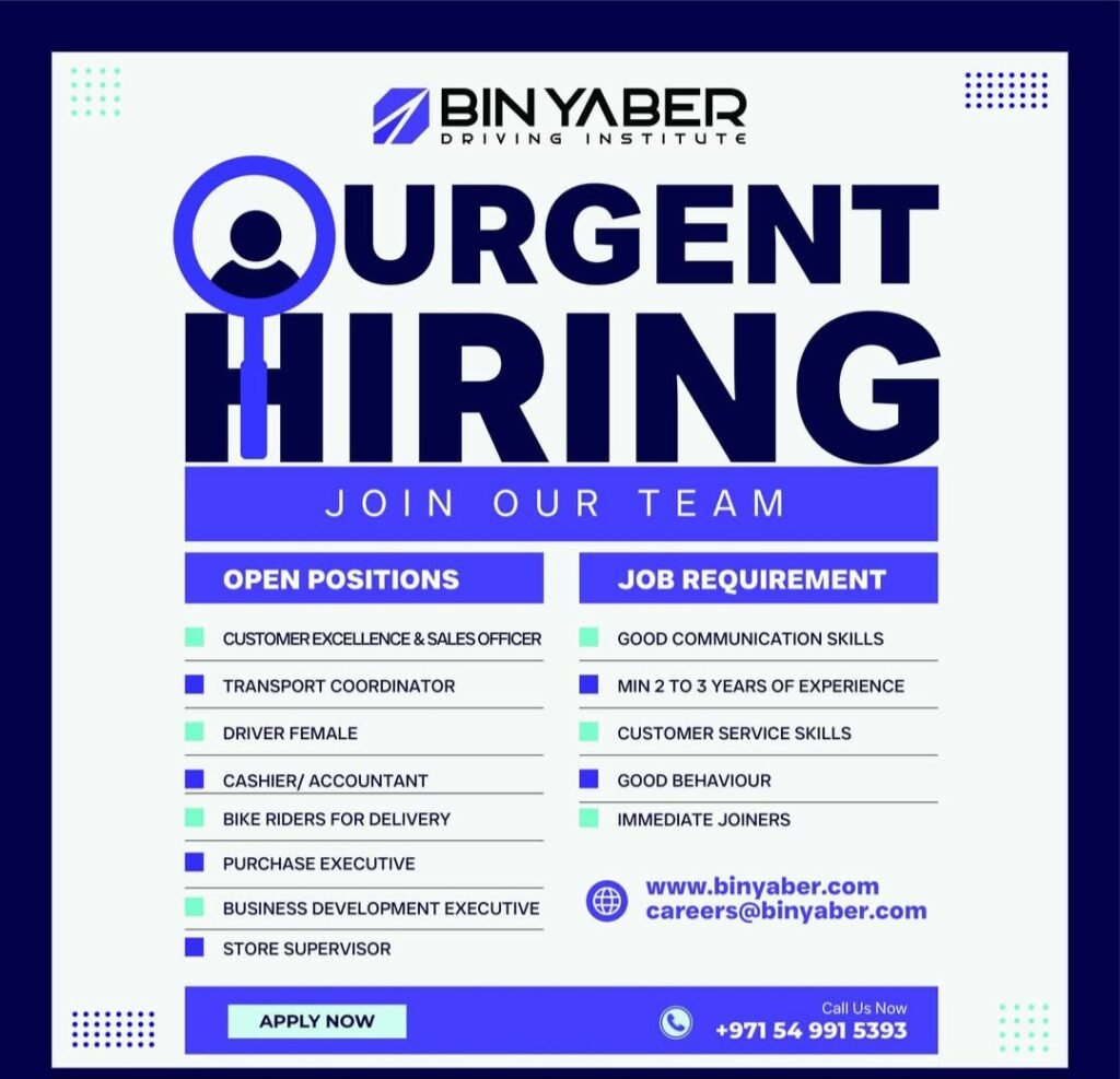Bin Yaber Driving Institute Recruitment in Dubai 2025: Dates, Venues, and Key Details 1 Bin Yaber Driving Institute Recruitment in Dubai 2025: Dates, Venues, and Key Details