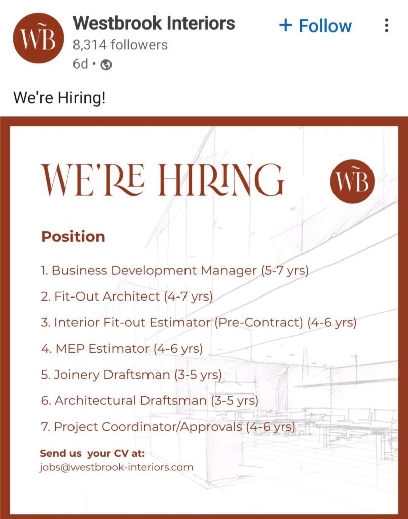Westbrook Interiors Recruitments in Dubai 2025: Dates, Venues, and Key Details 1 Westbrook Interiors Recruitments in Dubai 2025: Dates, Venues, and Key Details