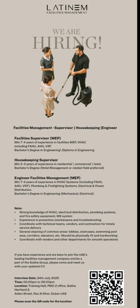 Unlock Your Career in Dubai's Facilities Management: Latinem (Sobha Group) is Hiring Supervisors & Engineers!