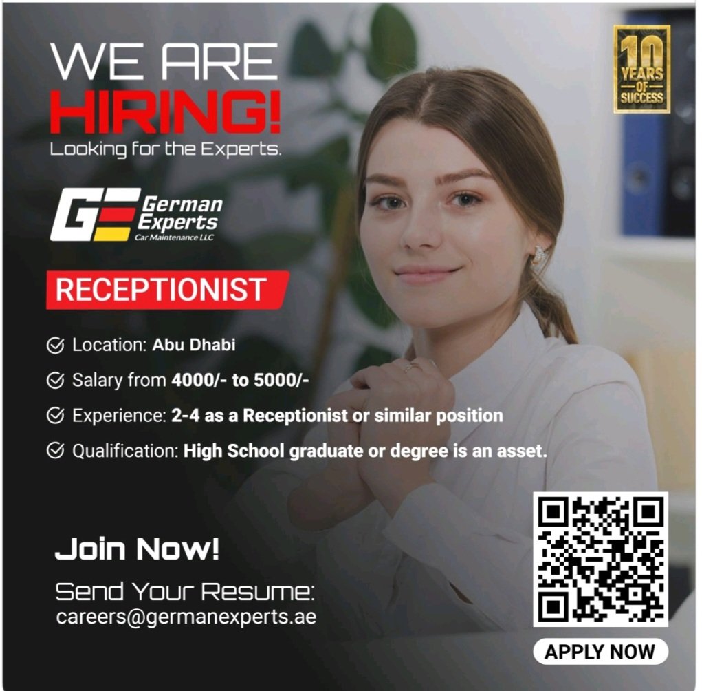 Join the Team: Exciting Female Receptionist Opportunity in Abu Dhabi with German Experts 2025