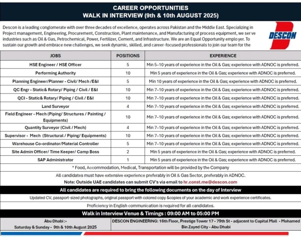 Engineering Jobs Abu Dhabi, Oil & Gas Careers UAE, Descon Walk-In Interview 2025, ADNOC Jobs, HSE Engineer UAE, QC Engineer Jobs, Middle East Engineering Careers, Gulf Jobs for Expats, EPC Jobs Abu Dhabi.