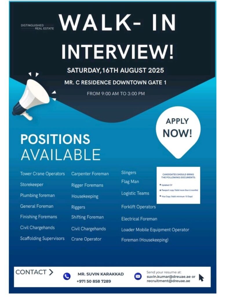 Walk-In Interview at Distinguished Real Estate: Dubai – Multiple Job Openings