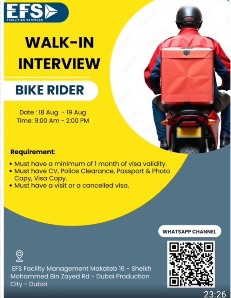 Your Chance to Ride: EFS Facilities Services Dubai Hosting Walk-in Interviews for Bike Riders 1 EFS Facilities Services Dubai Hosting Walk-in Interviews for Bike Riders