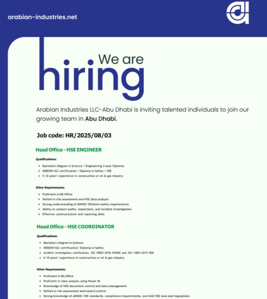 Launch Your HSE Career in Abu Dhabi: HSE Engineer & Coordinator Roles at Arabian Industries 1 Launch Your HSE Career in Abu Dhabi: HSE Engineer & Coordinator Roles at Arabian Industries