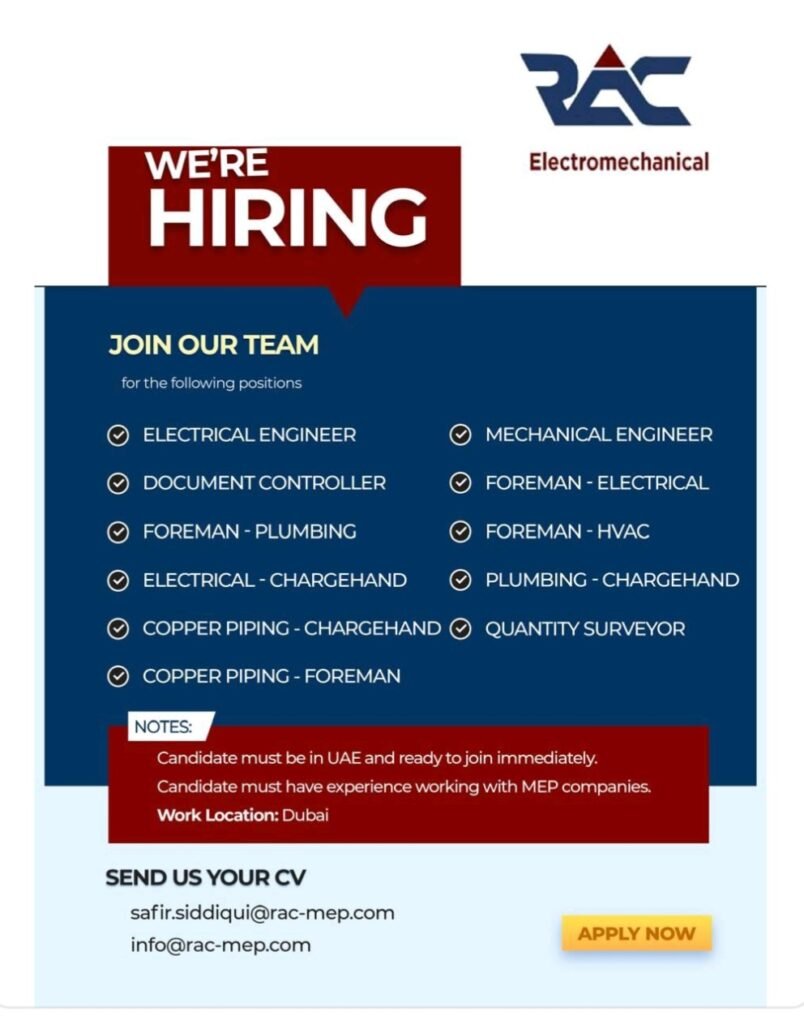 Build Your Career in Dubai: Exciting MEP Job Opportunities at RAC MEP 1 Build Your Career in Dubai: Exciting MEP Job Opportunities at RAC MEP