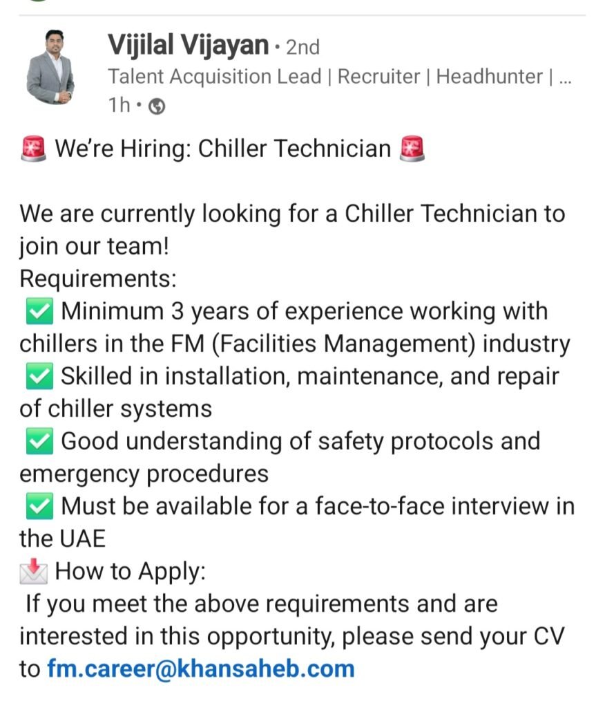 Land a Rewarding Career: Chiller Technician Job Opening at Khansaheb (UAE)