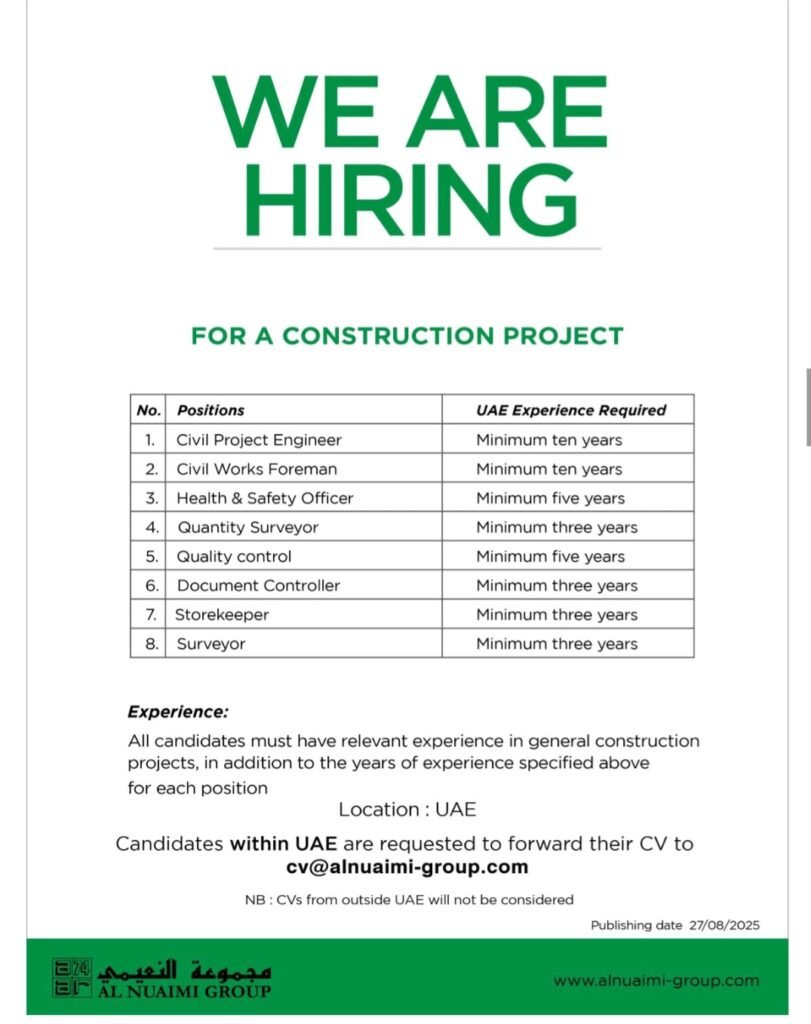 Al Nuaimi Group LLC is Hiring for a Major Construction Project in the UAE 1 Al Nuaimi Group LLC is Hiring for a Major Construction Project in the UAE