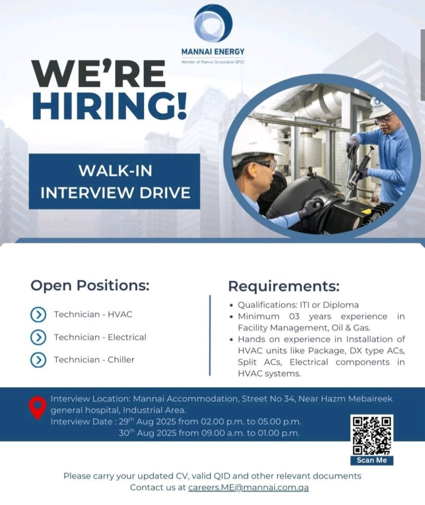 Mannai Energy is Hiring Technicians: Your Guide to the Walk-In Interview Drive 1 Mannai Energy is Hiring Technicians: Your Guide to the Walk-In Interview Drive