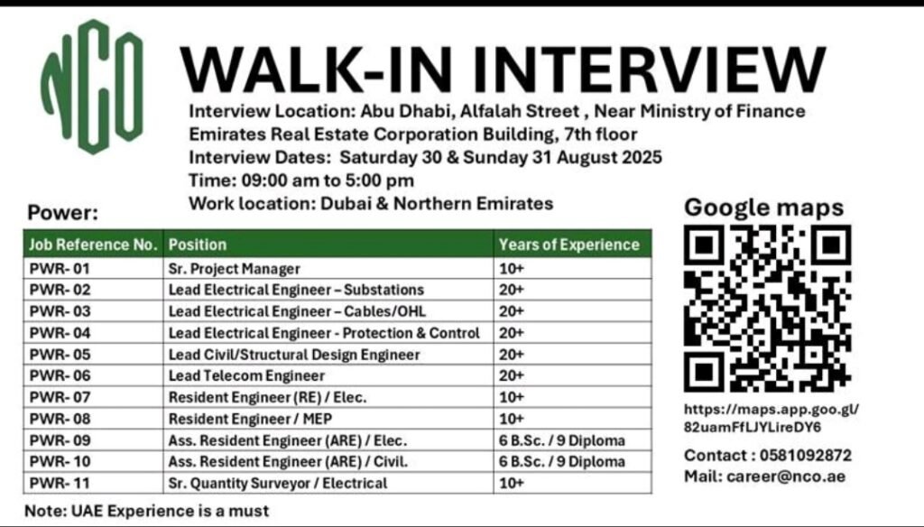 Land Your Dream Engineering Job: NCO Walk-In Interview in Abu Dhabi (August 30-31, 2025) 1 NCO Walk-In Interview in Abu Dhabi