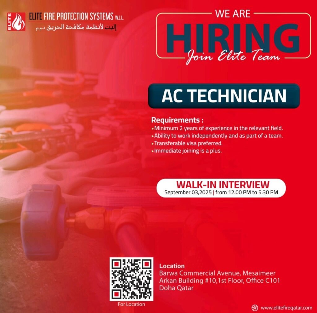 Join Elite Fire Protection Systems: Walk-In Interview for AC Technicians in Doha 2025 1 Join Elite Fire Protection Systems: Walk-In Interview for AC Technicians in Doha 2025
