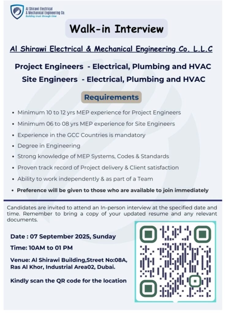 Al Shirawi MEP Walk-in Interview: Your Chance to Join a Leading Engineering Firm in Dubai 1 Al Shirawi MEP Walk-in Interview: Your Chance to Join a Leading Engineering Firm in Dubai