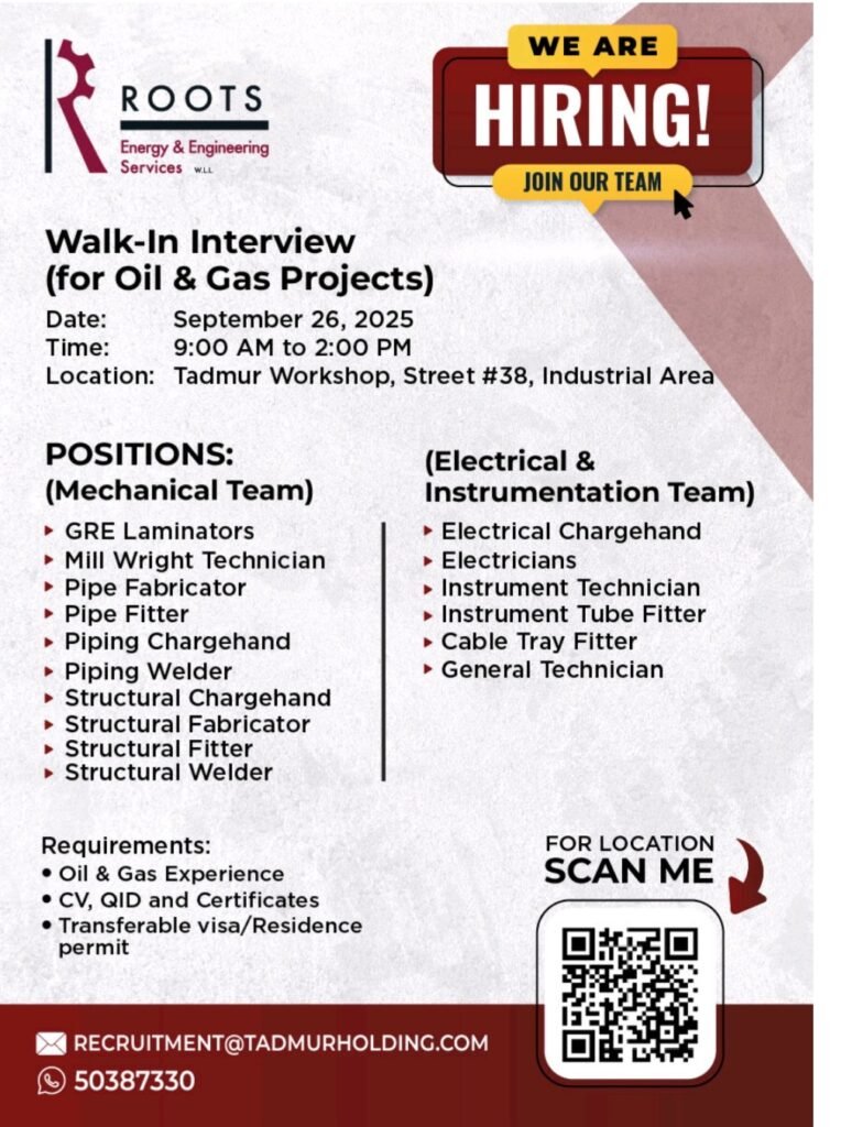 Tadmur Holding Announces Walk-In Interviews for Oil & Gas Projects in Qatar 1 Tadmur Holding Announces Walk-In Interviews for Oil & Gas Projects in Qatar