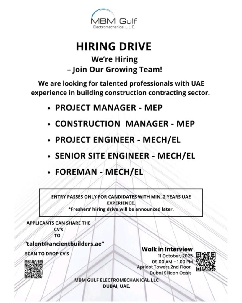 Land Your Dream Job in Dubai: MBM Gulf's Walk-In Drive is Hiring Top Talent 2025 1 MBM Gulf hiring, MEP jobs in Dubai, walk-in interview Dubai, Project Manager MEP jobs, Construction Manager jobs UAE, electromechanical company careers, Dubai Silicon Oasis jobs, MEP engineering vacancies, UAE construction jobs, talent ancient builders ae, senior site engineer mechanical, foreman electrical jobs.