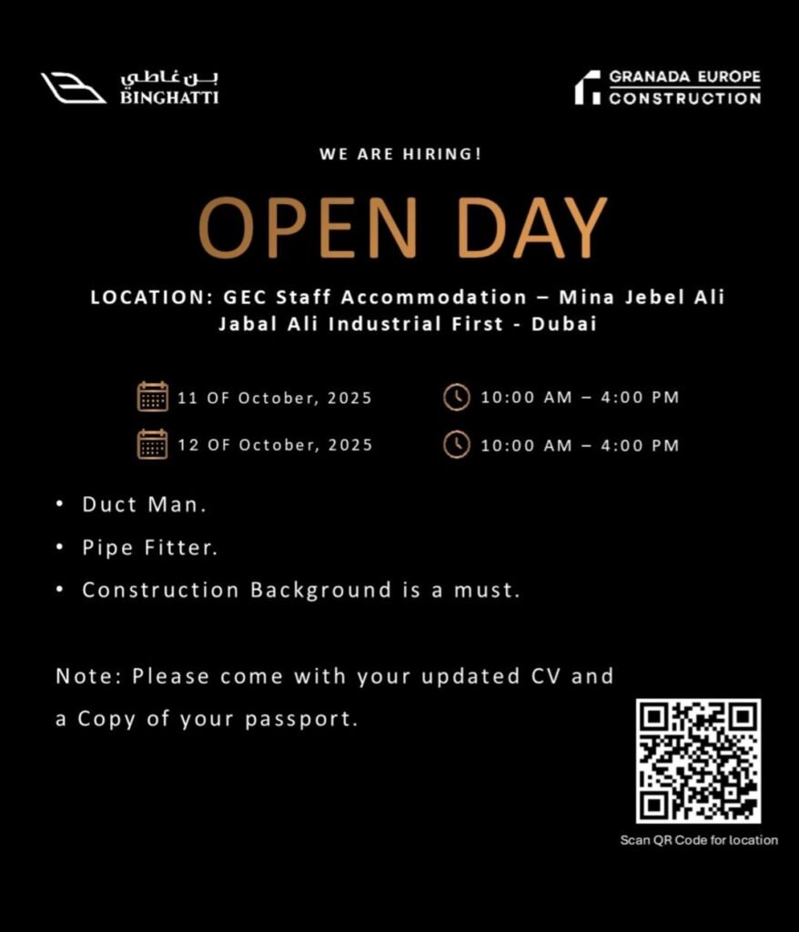 Your Chance to Build a Career with Binghatti in Dubai: Open Day for Skilled Trades 1 Dubai construction jobs, Binghatti careers, pipe fitter job Dubai, duct man vacancy UAE, walk in interview Dubai, GEC staff accommodation, skilled trades jobs Dubai, Mina Jebel Ali jobs, HVAC jobs Dubai, construction open day.