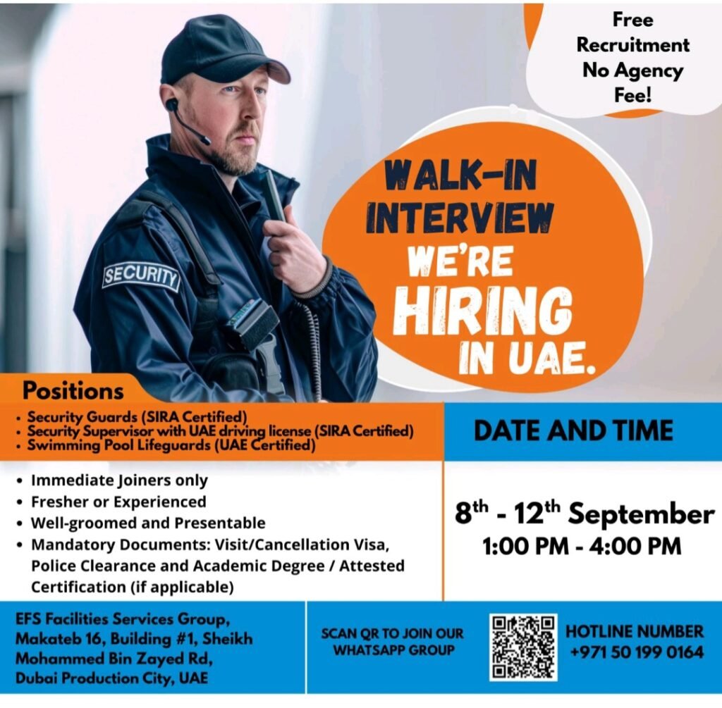 EFS Facilities Services Group is Hiring: Walk-In Interviews in Dubai For Security (Sept 8th-12th) 1 EFS Facilities Services Group is Hiring: Walk-In Interviews in Dubai