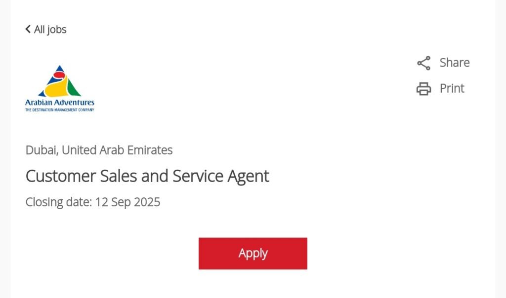 Arabian Adventures Careers 2025 – Hiring Customer Sales and Service Agent in UAE 1 Arabian Adventures Careers 2025