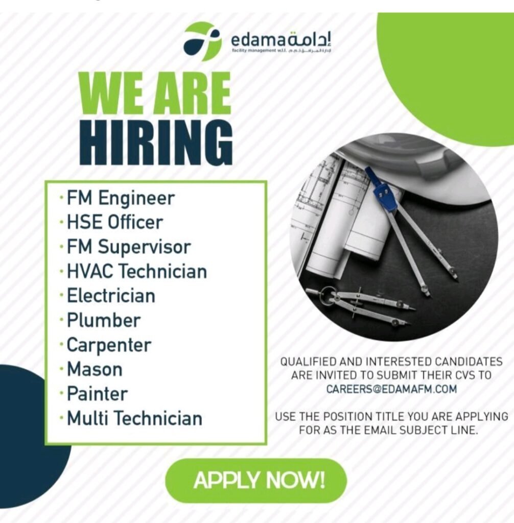 facility management jobs, jobs in Qatar, urgent hiring, immediate joiners, HVAC technician jobs, electrician jobs Qatar, FM engineer career, HSE officer jobs, maintenance jobs, technical jobs Qatar, Edama careers, apply for jobs in Qatar, skilled labor jobs, Qatar vacancy, facility maintenance careers.