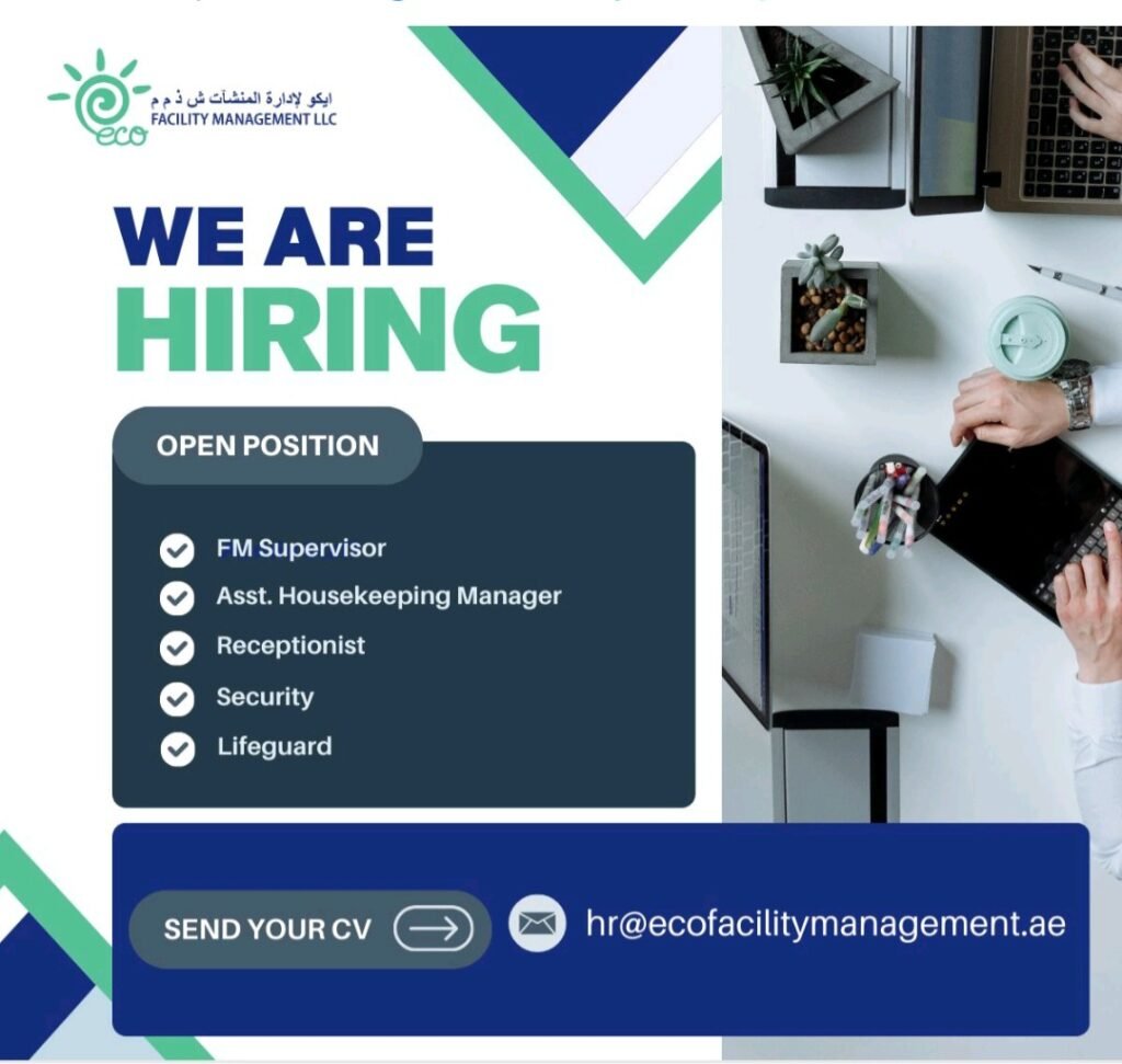 facility management jobs UAE, FM supervisor career, housekeeping manager job Dubai, security jobs, lifeguard vacancy, receptionist position, career opportunities UAE, Eco Facility Management careers, join our team, hr@ecofacilitymanagement.ae, apply now jobs Dubai, facility management company jobs.