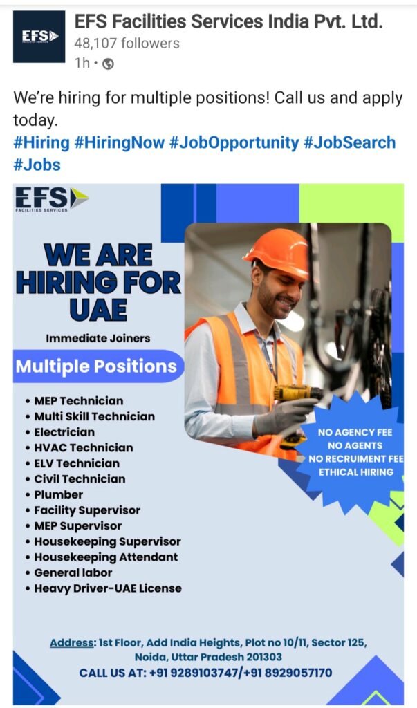 Unlock Your Career in the UAE: Immediate Job Openings with EFS Facilities Services 1 Immediate Job Openings with EFS Facilities Services