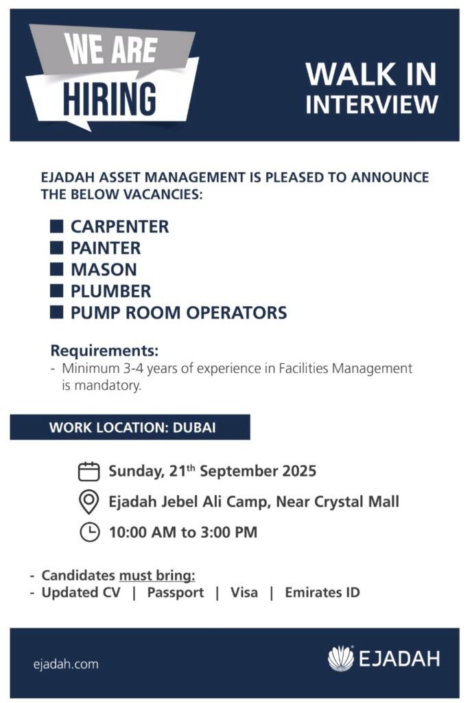 Ejadah is Hiring: Walk-In Interviews for Facilities Management Jobs in Dubai