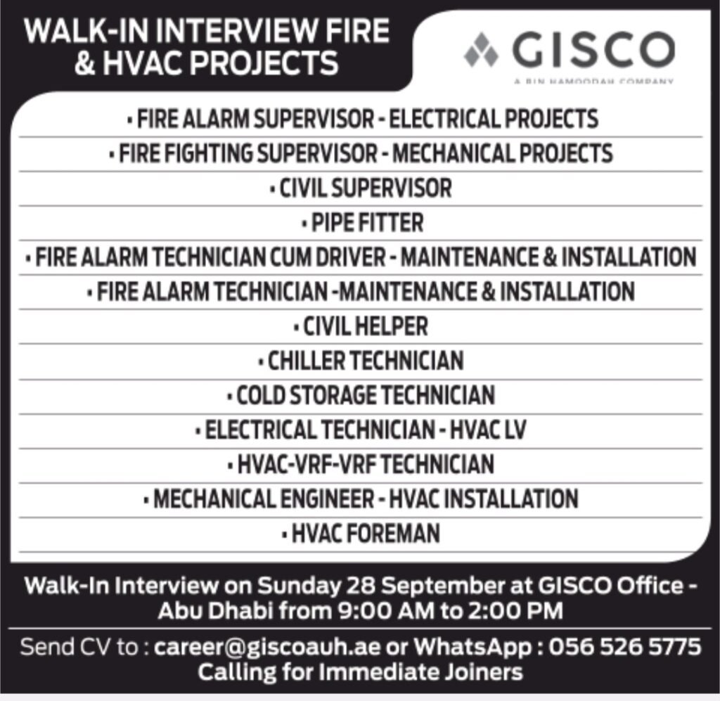 Walk-In Interview in Abu Dhabi: Fire & HVAC Projects at GISCO