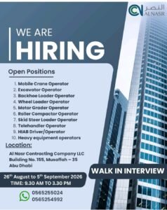 Al Nasr Contracting Company LLC Jobs 2026 – Walk-In Interview in Abu Dhabi