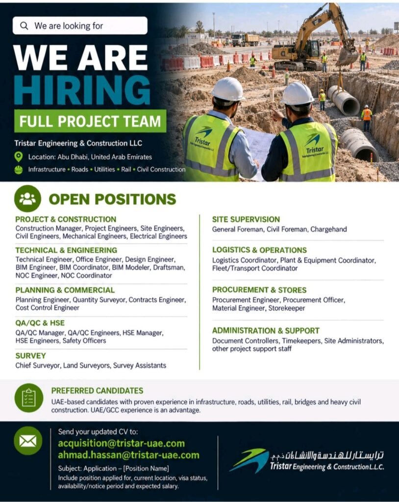 Tristar Engineering & Construction Jobs in Abu Dhabi – Full Project Team Hiring