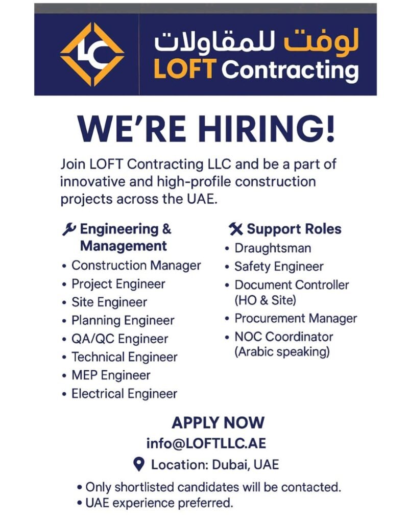 LOFT Contracting LLC careers, construction jobs in Dubai, UAE construction company jobs, Project Engineer vacancy Dubai, MEP Engineer jobs UAE, Site Engineer employment Dubai, Construction Manager position UAE, latest engineering jobs Dubai, hiring in Dubai construction, QA QC Engineer career UAE, Document Controller job Dubai, NOC Coordinator Arabic speaking.