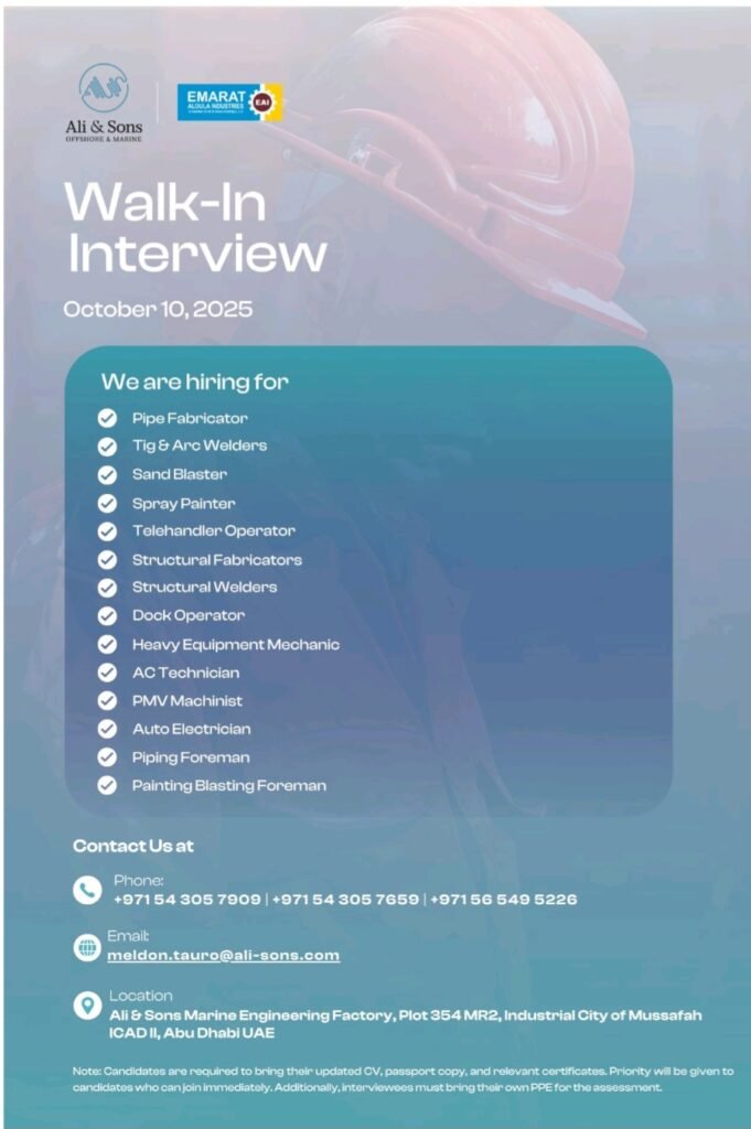 walk in interview UAE, Ali and Sons careers, marine engineering jobs Abu Dhabi, Mussafah jobs, UAE jobs 2025, immediate joining jobs, welder jobs UAE, heavy equipment mechanic vacancy, AC technician jobs, PMV machinist, auto electrician jobs, pipe fabricator, structural welder, spray painter, sand blaster, dock operator, telehandler operator, industrial jobs Abu Dhabi.